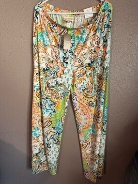 Chico's Paisley Pull-On Pants in Teal, Orange & Lime